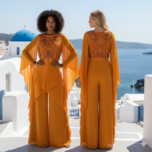 GENESE Mustard Jumpsuit Haute Couture with Silk Chiffon Hand Embroidered.