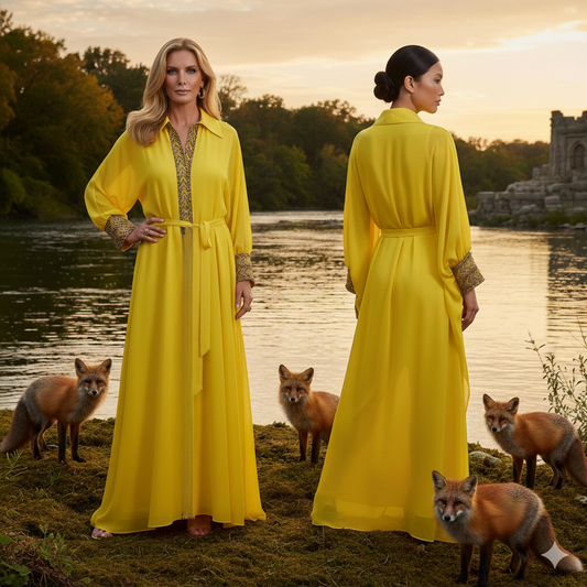 GENESE Yellow Chiffon Silk Tunic / Kimono with Swarovski.