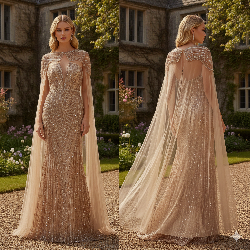 GUNBEYI Long Roze Super Gown Embroidered with Pearls. Haute Couture