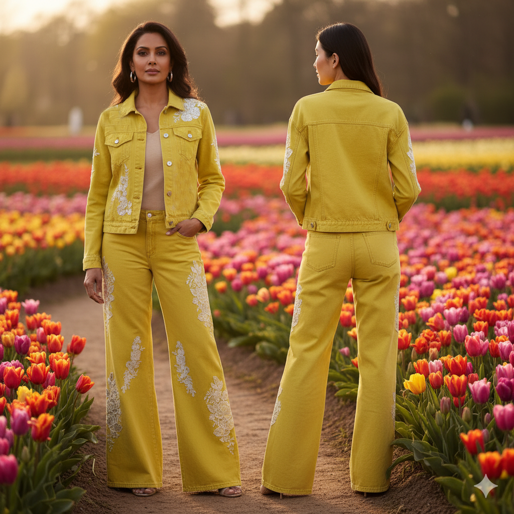 Marcella Acosta Big Jean and Jacket Yellow Hand-Embroidered in White.