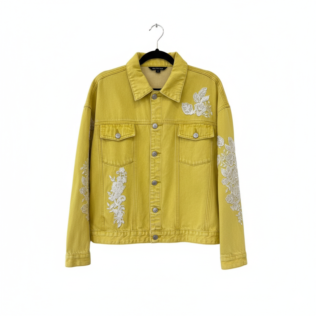 Marcella Acosta Big Jean and Jacket Yellow Hand-Embroidered in White.
