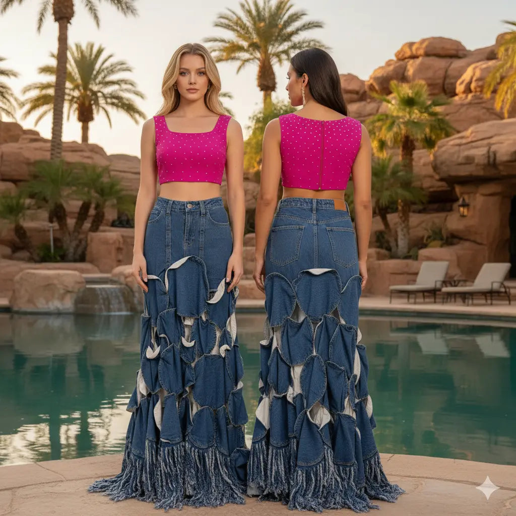 Long Silk Blue Jean with NON SECRET MILANO Pink Small Top SET. Marcella Acosta Couture Collection