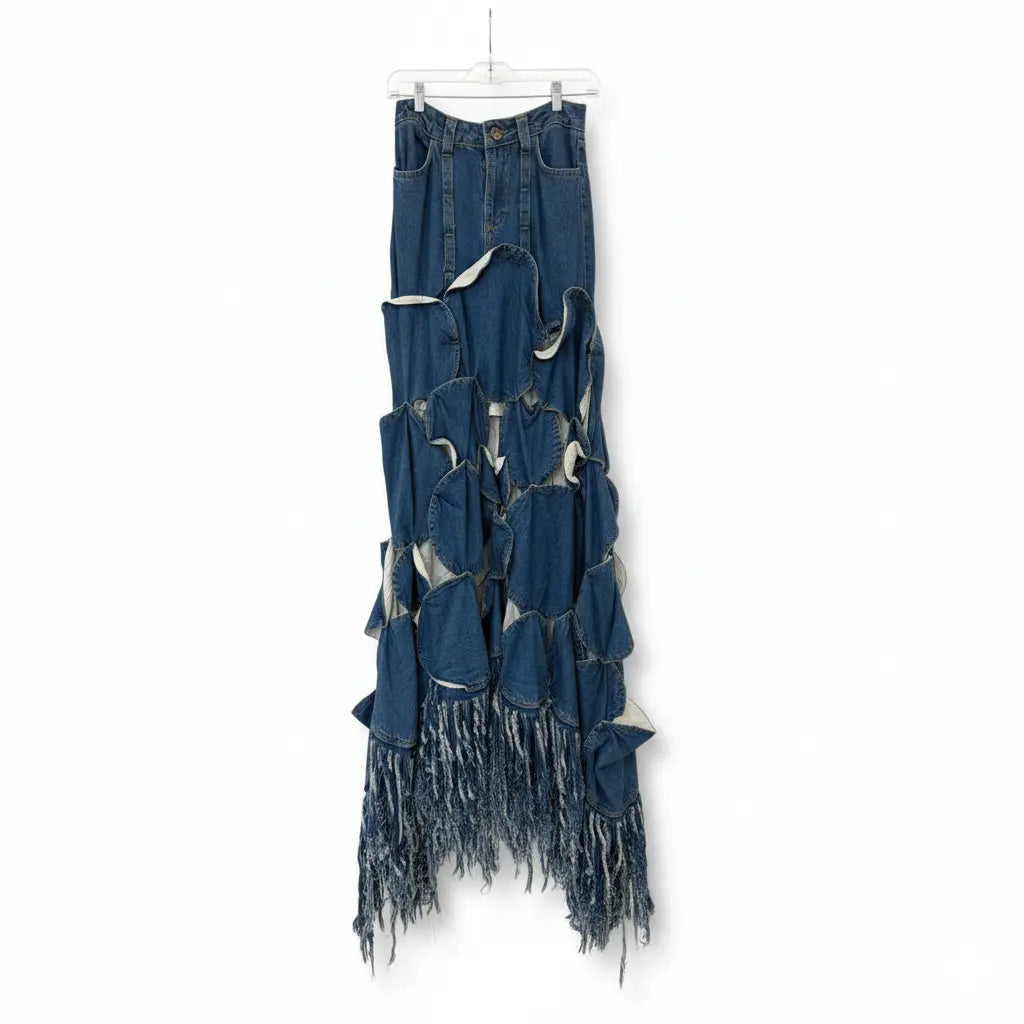 Long Silk Blue Jean with NON SECRET MILANO Pink Small Top SET. Marcella Acosta Couture Collection