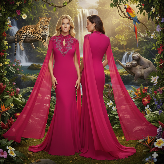 Genese Red Long Gown with Long Silk Chiffon Transparent Sleeves