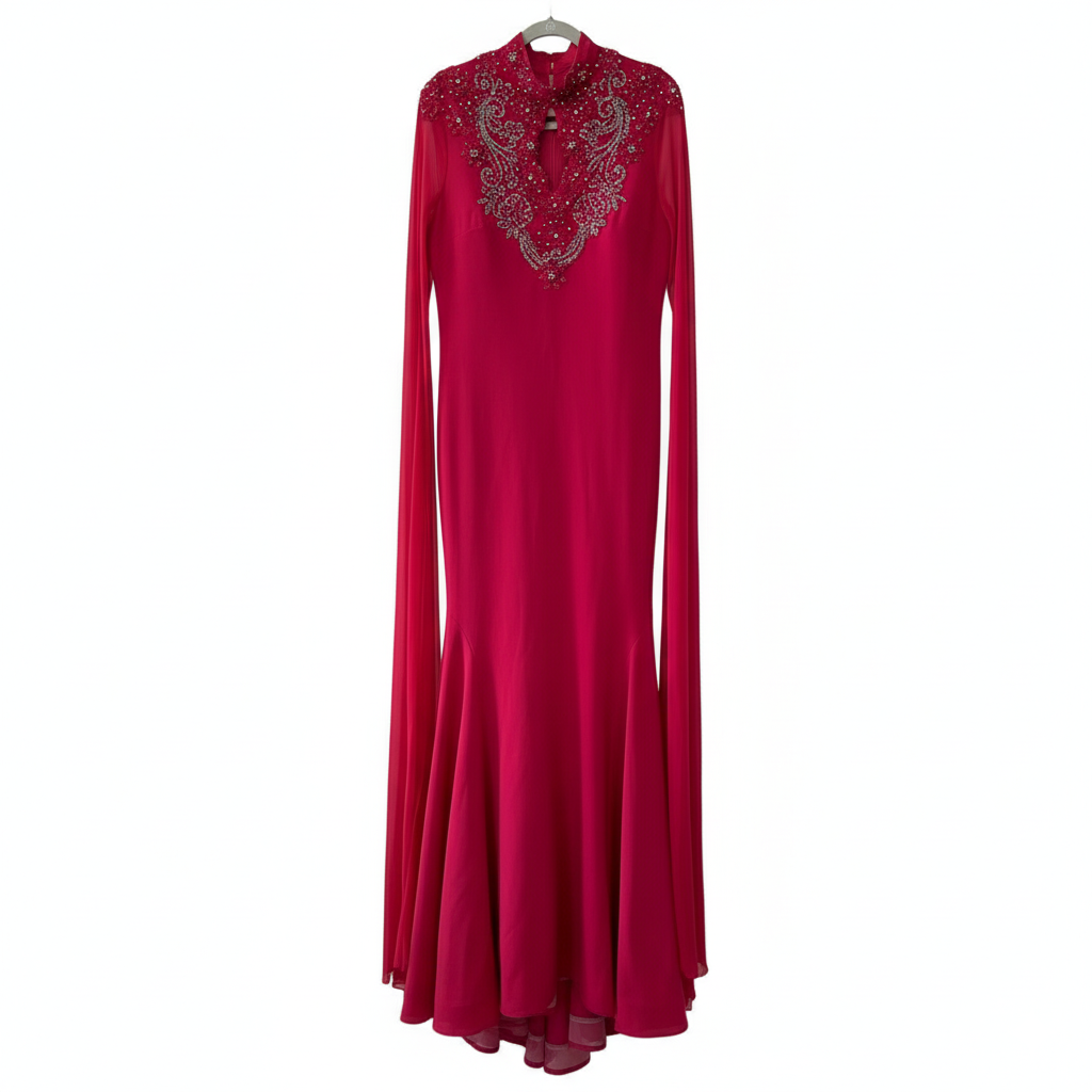 Genese Red Long Gown with Long Silk Chiffon Transparent Sleeves