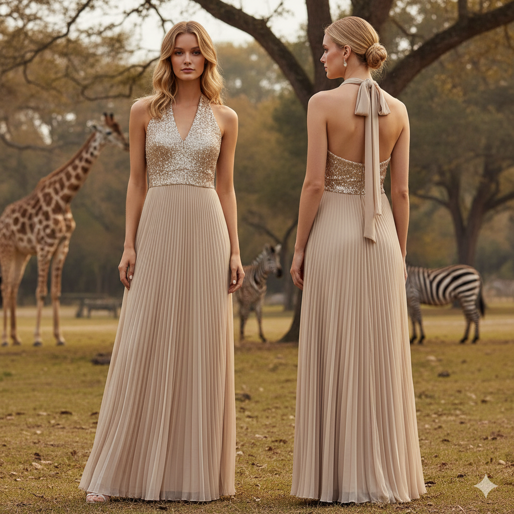KOCCA Beige Silk Pleated and Sequined Long Gown