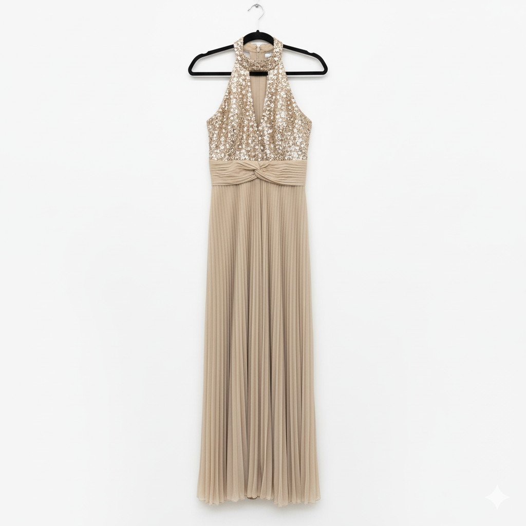 KOCCA Beige Silk Pleated and Sequined Long Gown