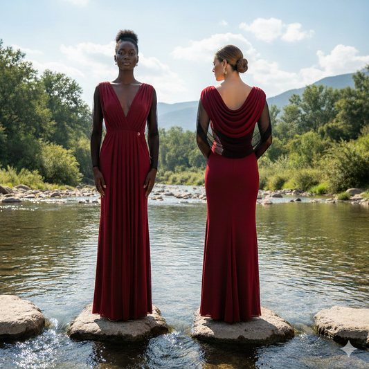 Mangano Bordeaux Long Gown Silk Stretch with Black Tulle Sleeves.