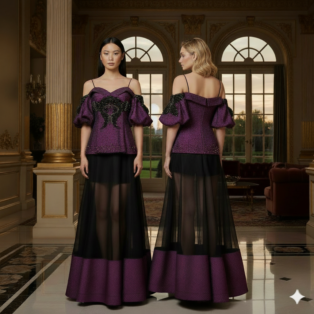 Sofia Senna Long Gown Purple Taffeta and Black Embroidered Flowers with Swarovski.