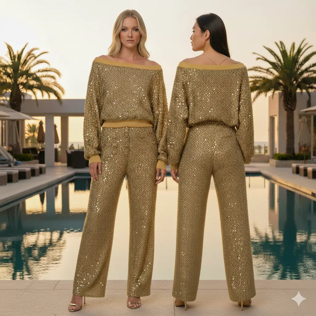 Golden Top and Pants, Sequins Marcella Acosta Couture Collection