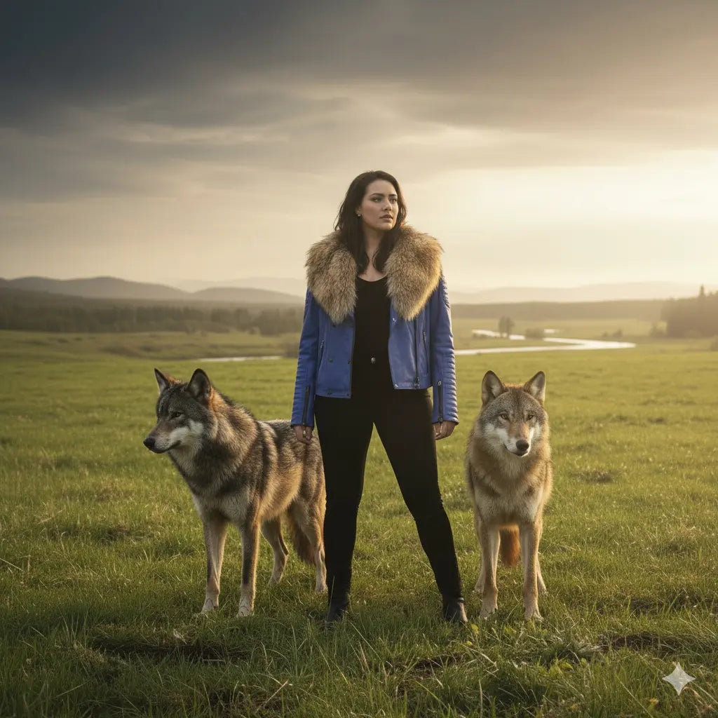 Blue Leather and Fox Jacket Marcella Acosta Couture Collection