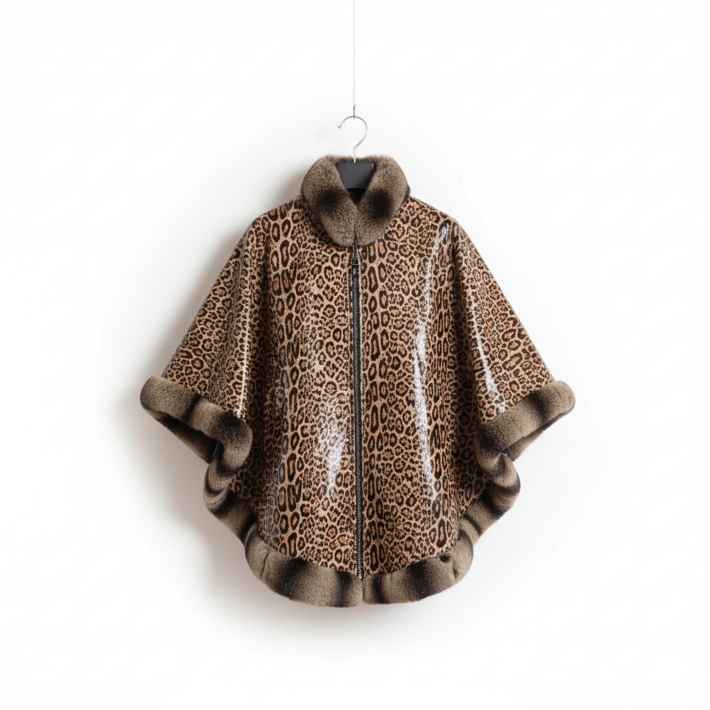 Marcella Acosta Reversible Chinchilla and Printed Leather Tiger with Fox Cape.