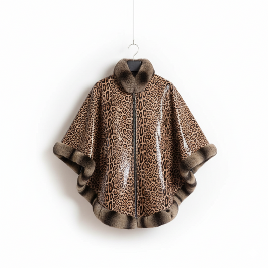 Marcella Acosta Reversible Chinchilla and Printed Leather Tiger with Fox Cape.