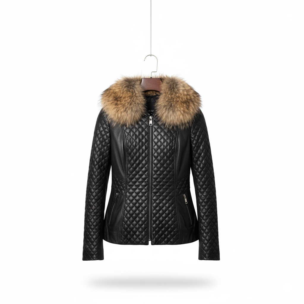 GIZZA Black Zipper Leather and Fox Jacket