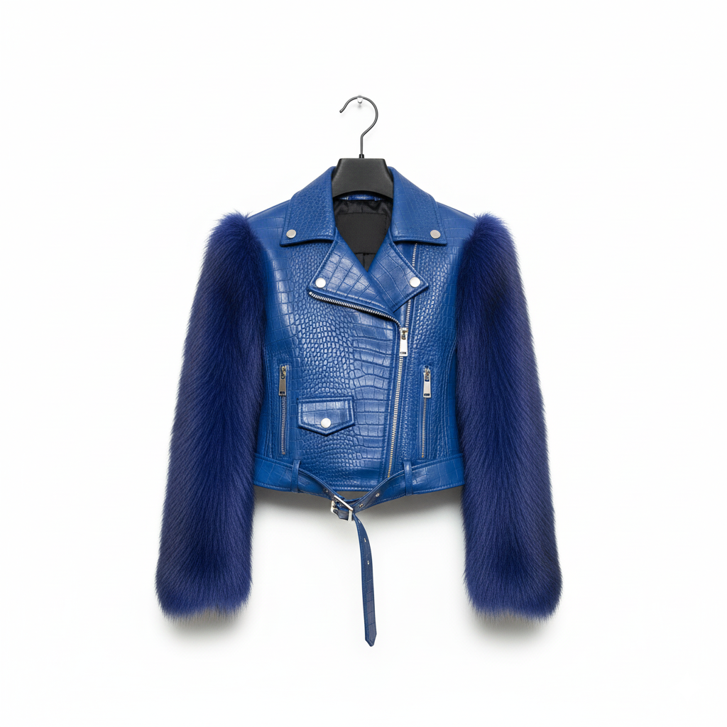 Marcella Acosta Blue Faux Leather and Fur Jacket