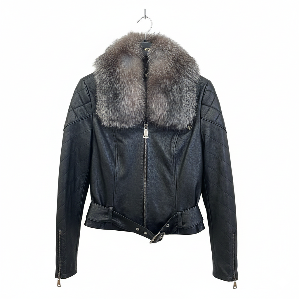 VALENTINO Leather and Fox Black Jacket Sample