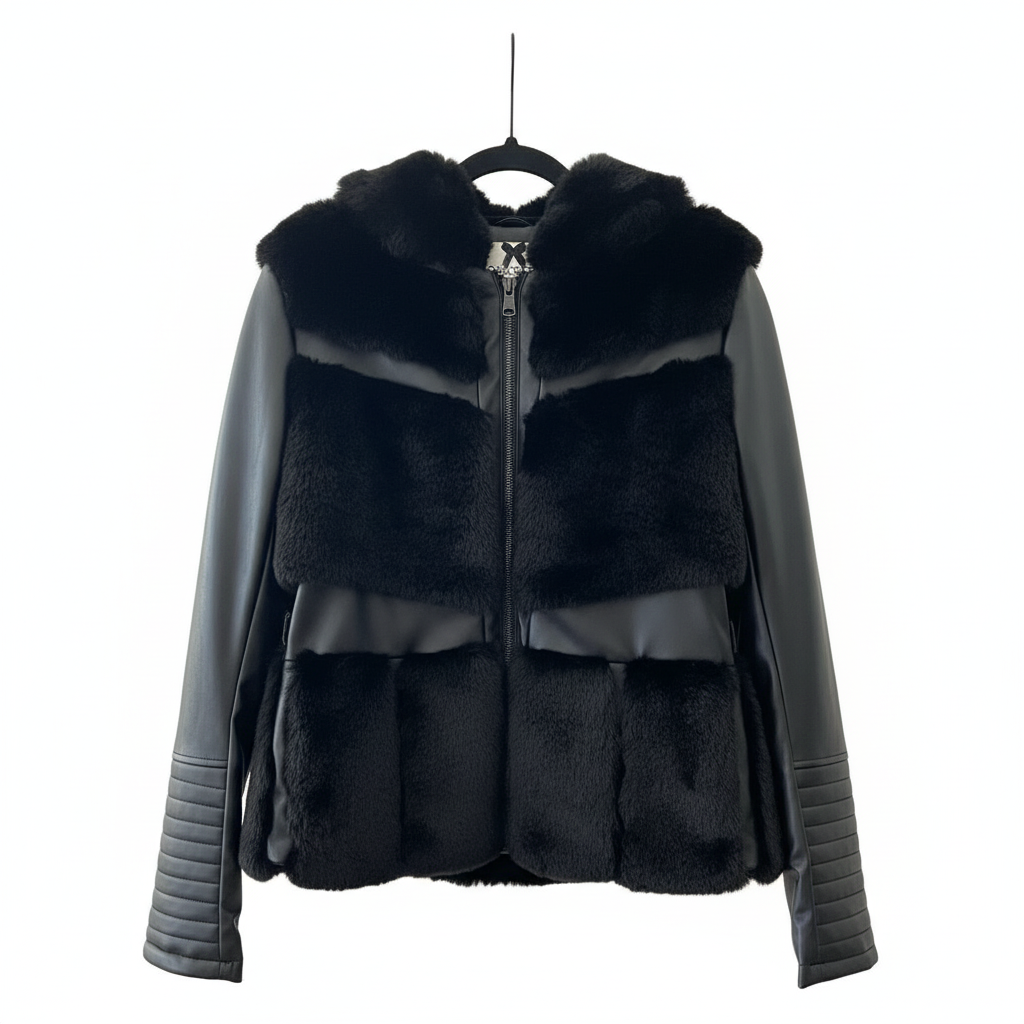 NO SECRETS Milano Black Fur and Faux Leather Jacket