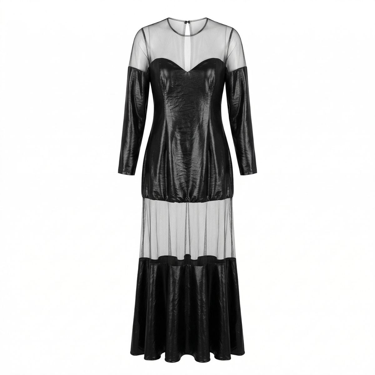 Black Mesh Leather Long Dress