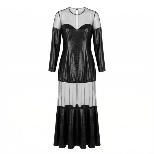 Black Mesh Leather Transparent Long Gown