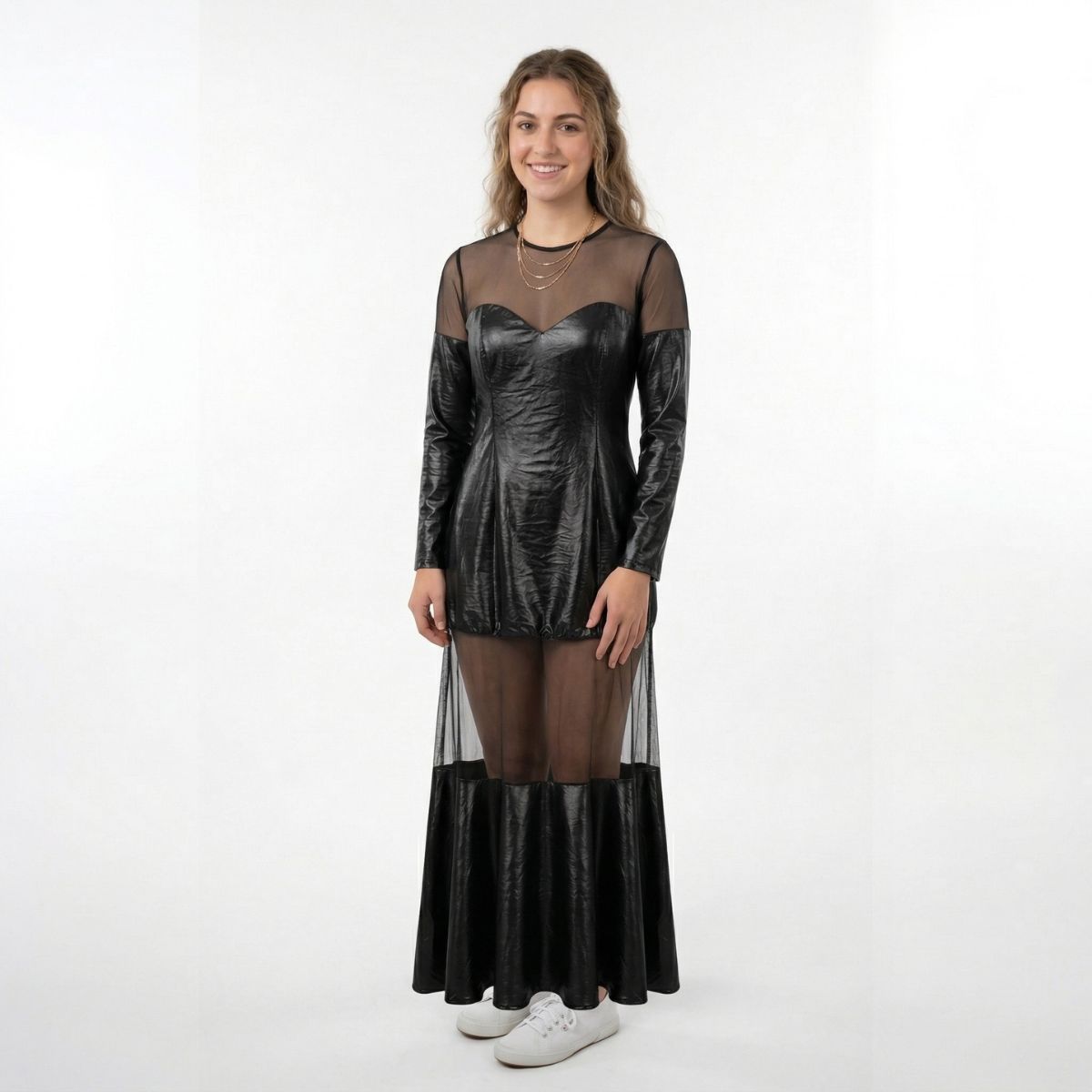 Black Mesh Leather Long Dress