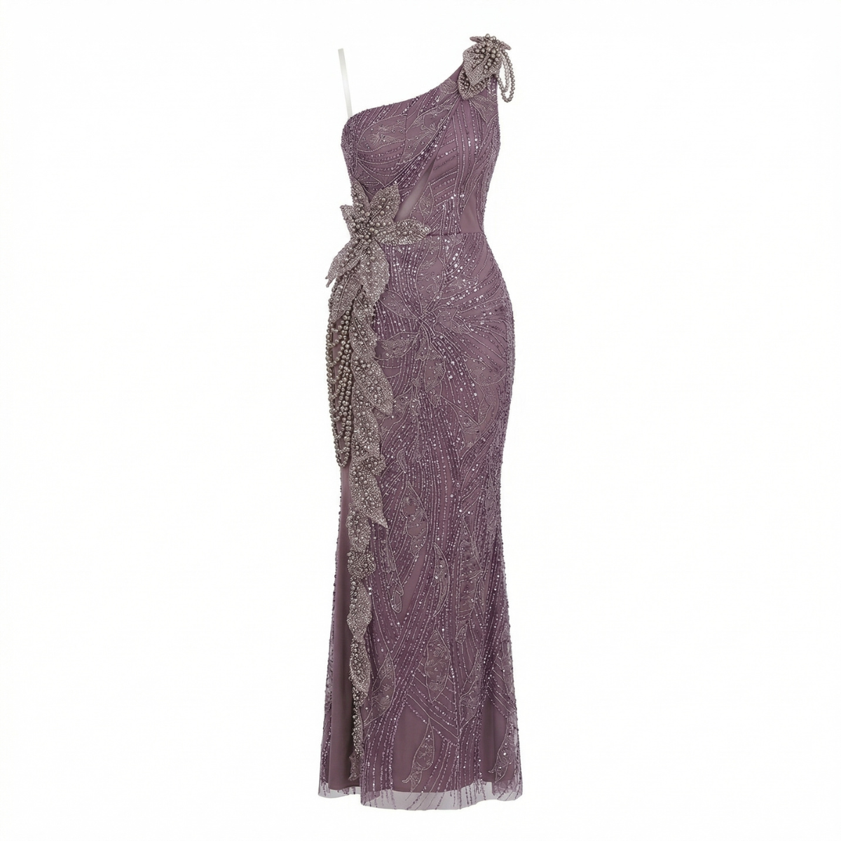 Long Gown Violet, all embroidered with pearls and hand-made flowers
