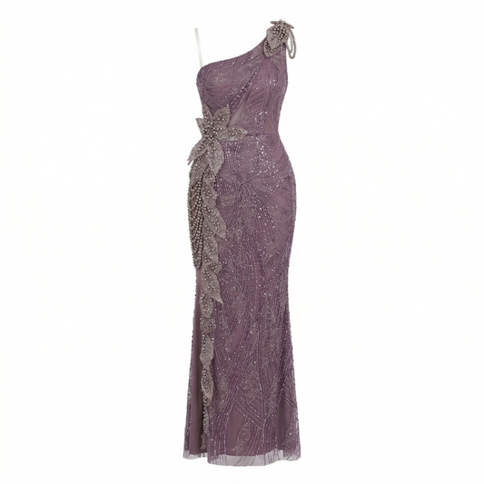 Embroidered Long Polyester Violet  Gown with Handmade Flowers