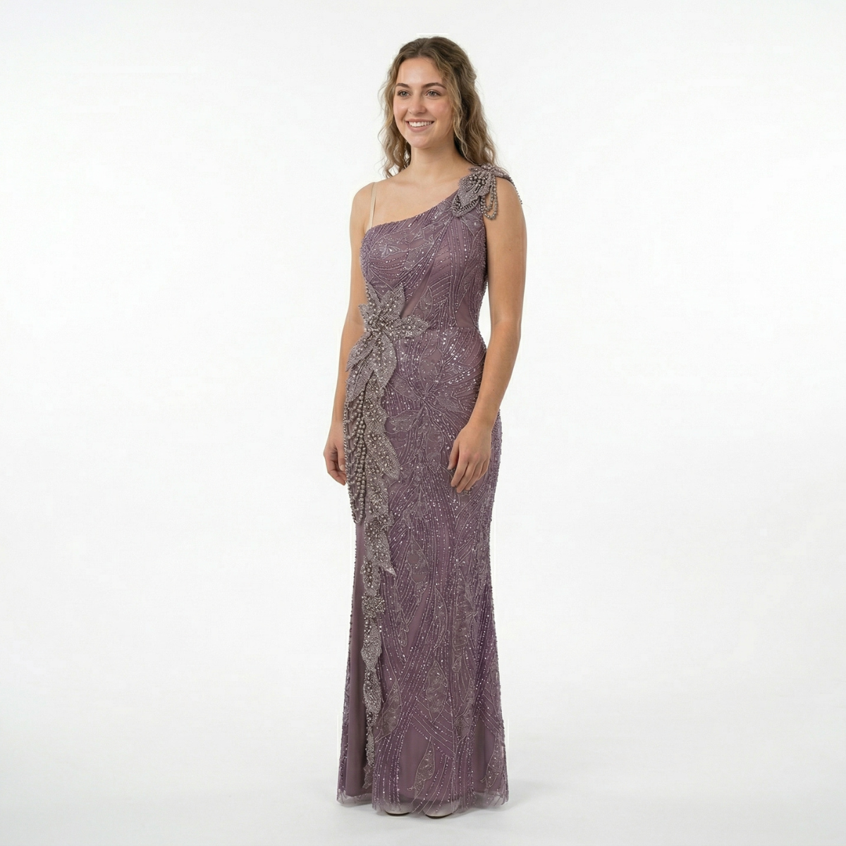 Long Gown Violet, all embroidered with pearls and hand-made flowers