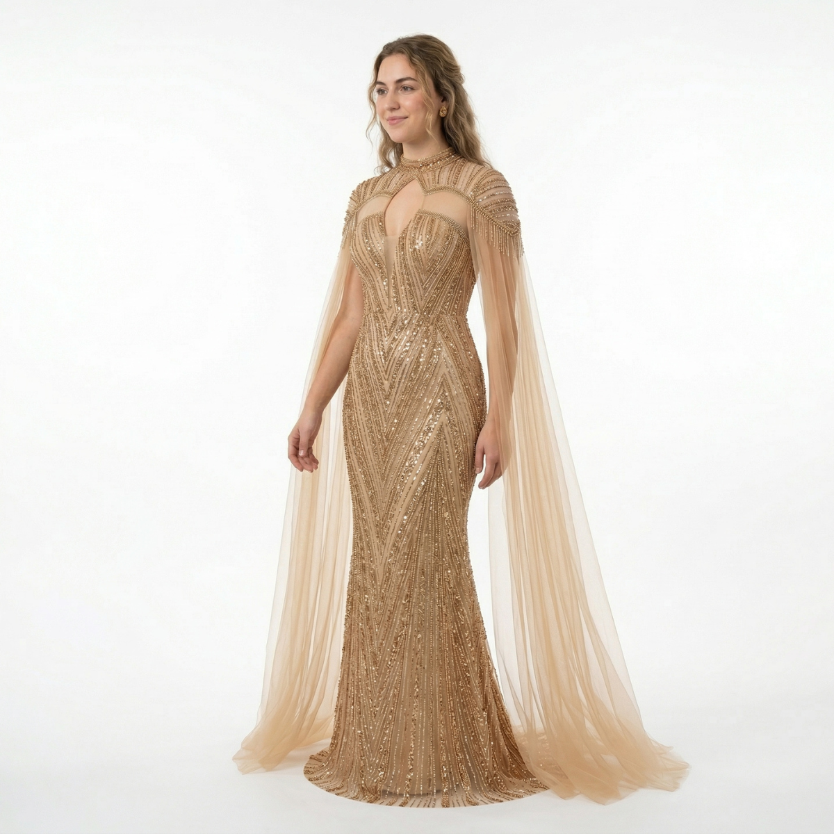 Long Roze Super Gown Embroidered with Pearls. Haute Couture