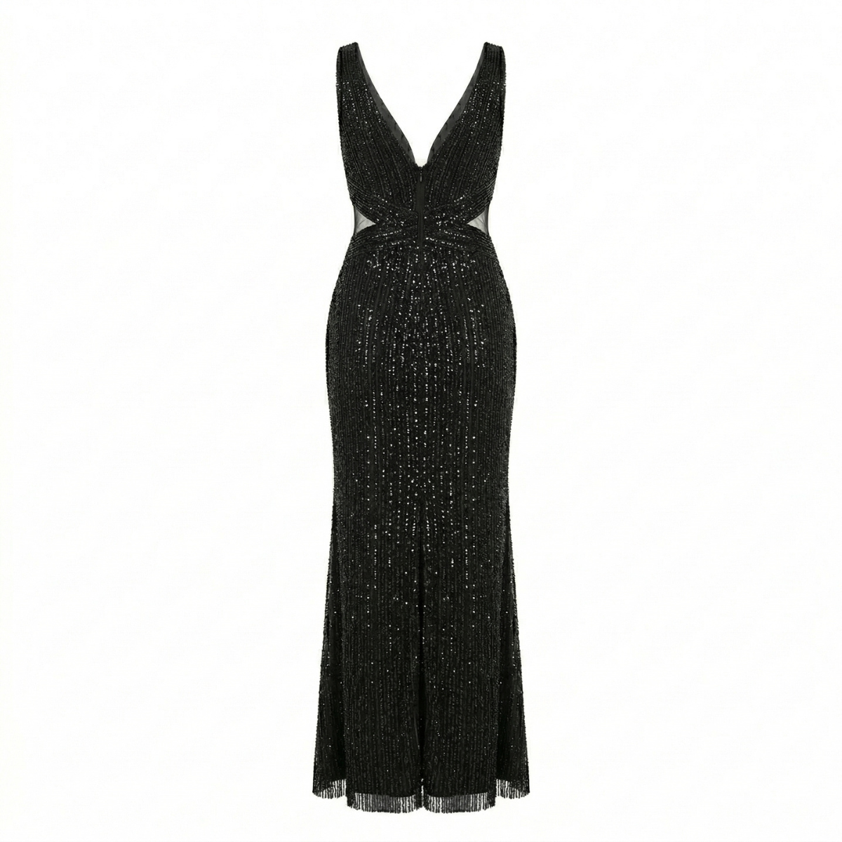 Hand-Made Black Sequins Silk Chiffon Long Gown
