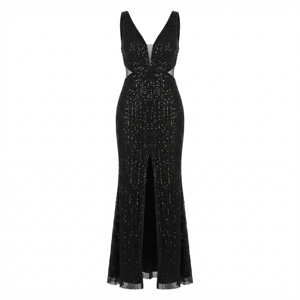 Hand-Made Black Sequins Silk Chiffon Long Gown
