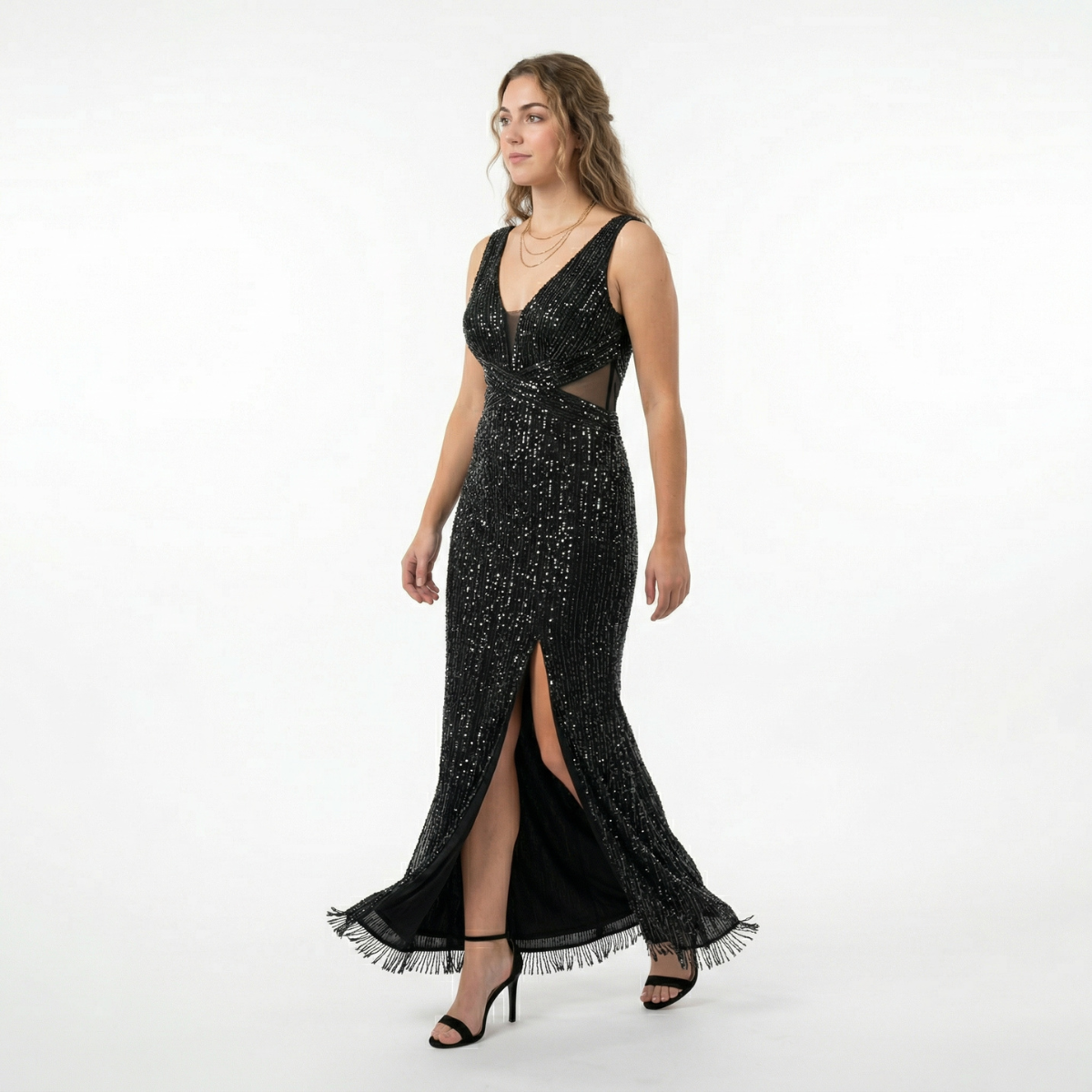 Hand-Made Black Sequins Silk Chiffon Long Gown