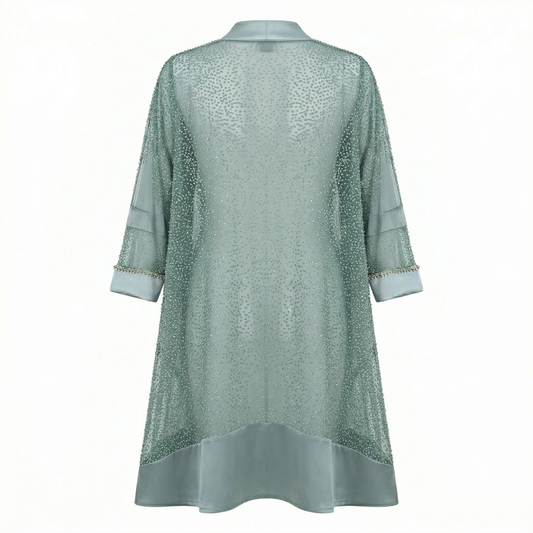 Blue Kimono in Silk, Full of Crystals, with  Top and matching Stretch Satin Pants