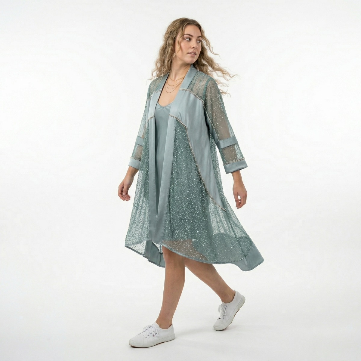 Blue Kimono in Silk Full of Diamonds with Top