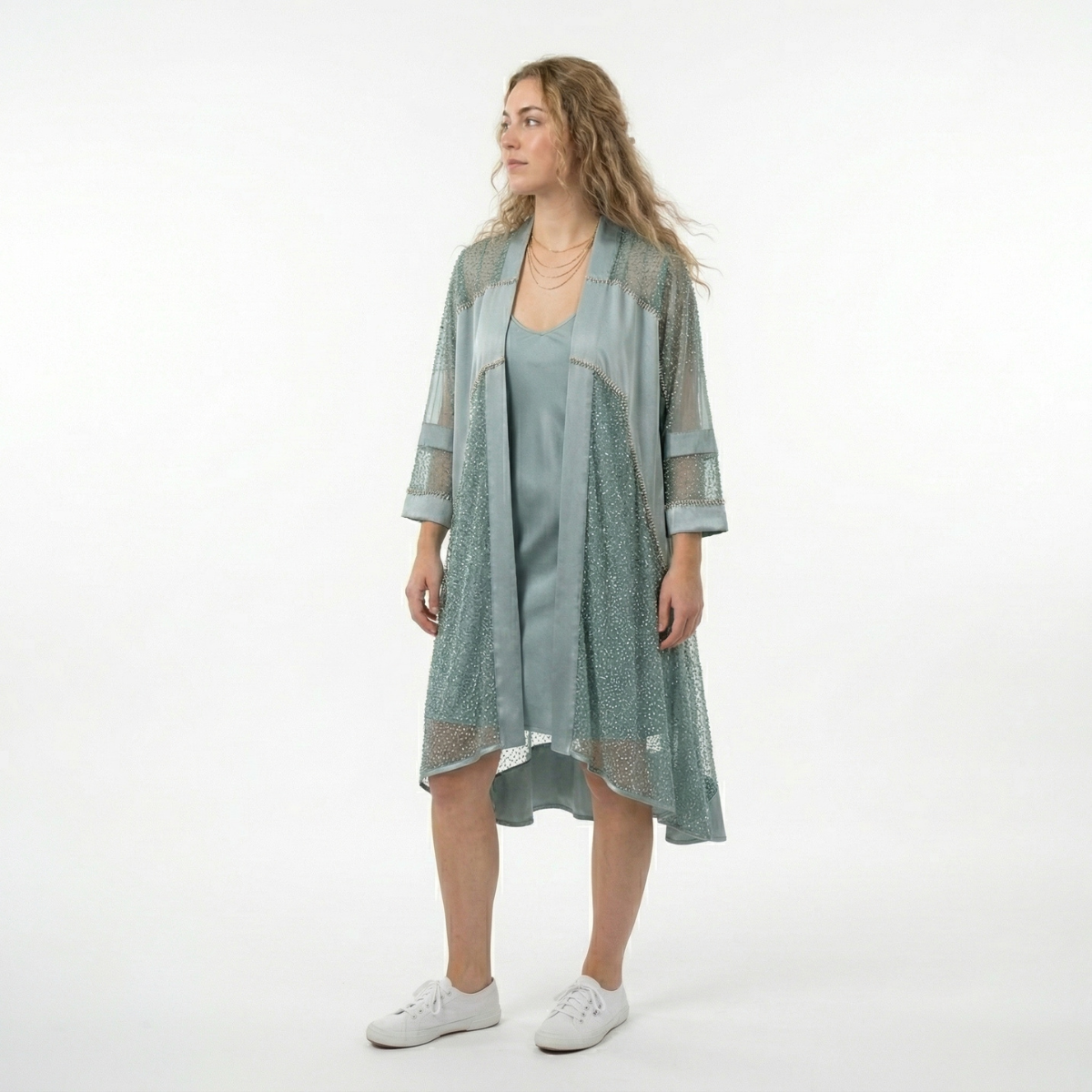 Blue Kimono in Silk Full of Diamonds with Top