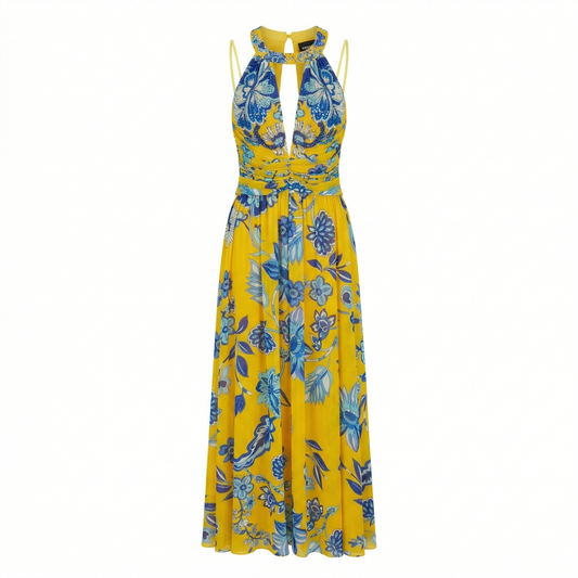 Yellow and Blue Long Chiffon Dress