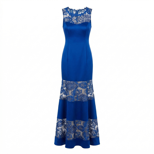 Royal Blue Satin and Lace Stretch Couture Long Gown