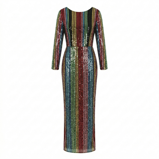 Long  Multi-Color Stretch Gown with Sequins and Tul-nylon