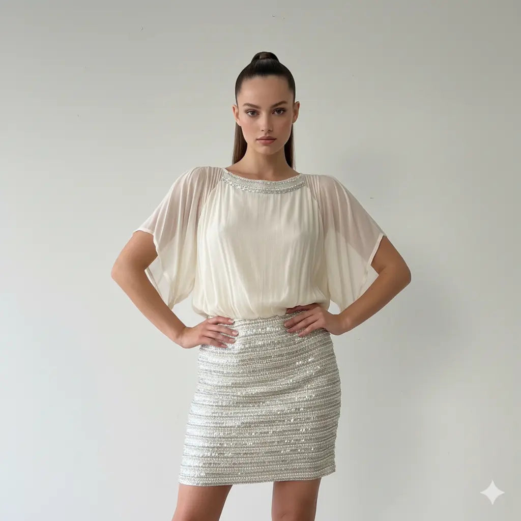 Silk Chiffon Embroidered Dress with Sequins, Handmade Marcella Acosta Couture Collection