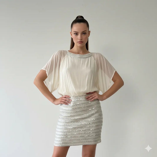 Silk Chiffon Embroidered Dress with Sequins, Handmade Marcella Acosta Couture Collection
