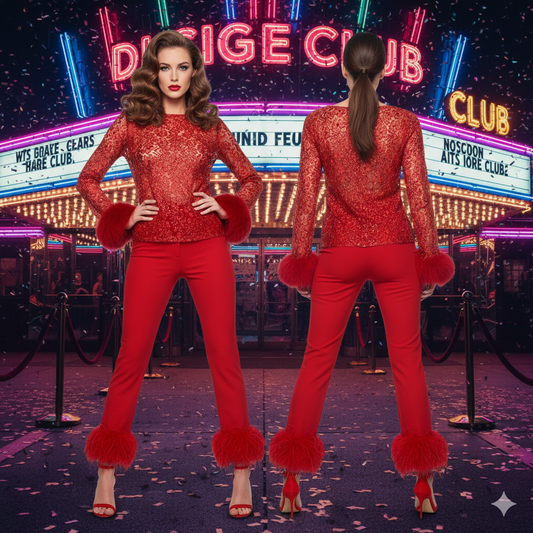 MA Red Pants Stretch with Feathers