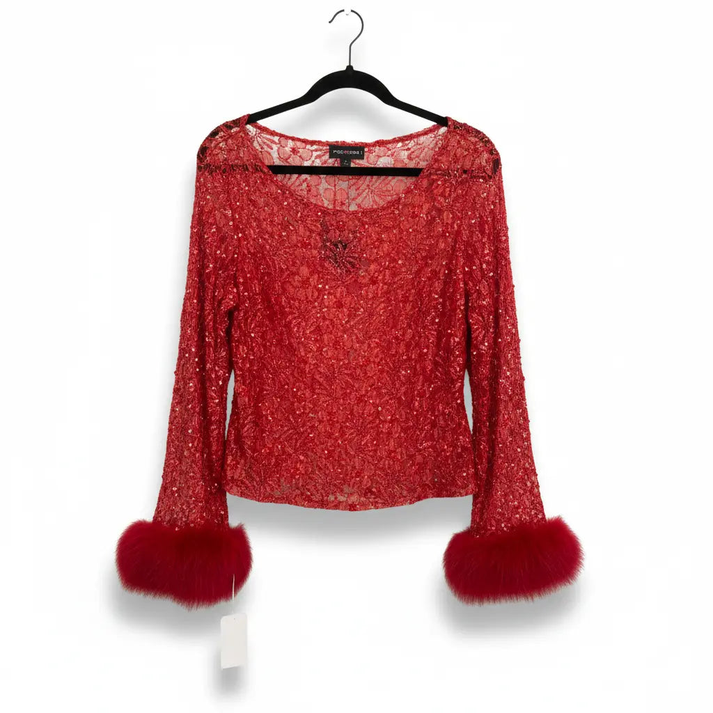 Red Lace Top with Fur Marcella Acosta Couture Collection
