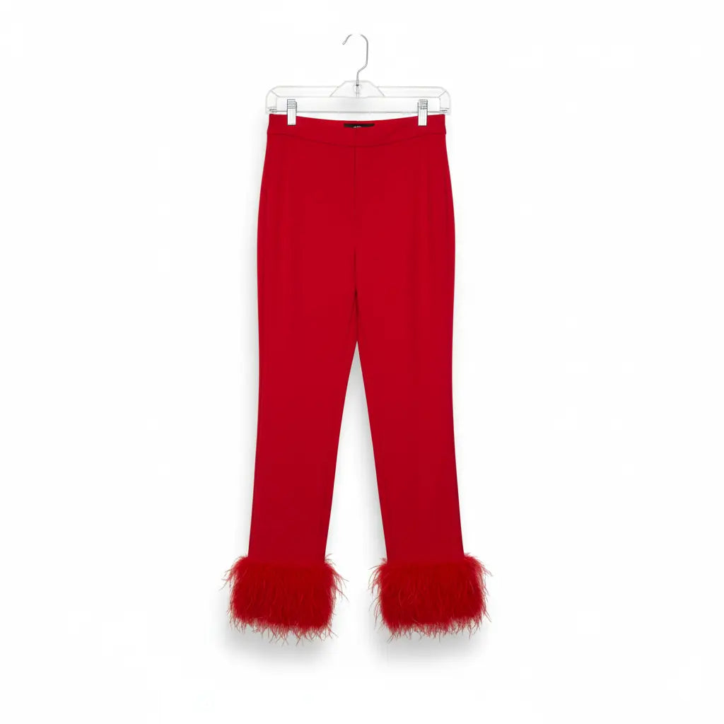 Red Pants Stretch with Feathers Marcella Acosta Couture Collection