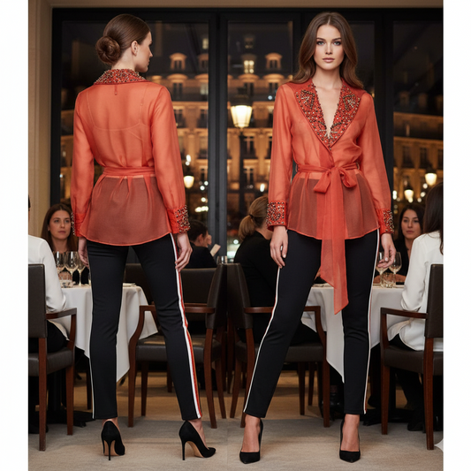 Marcella Acosta Dark Orange Jacket Silk Organza and Swarovski