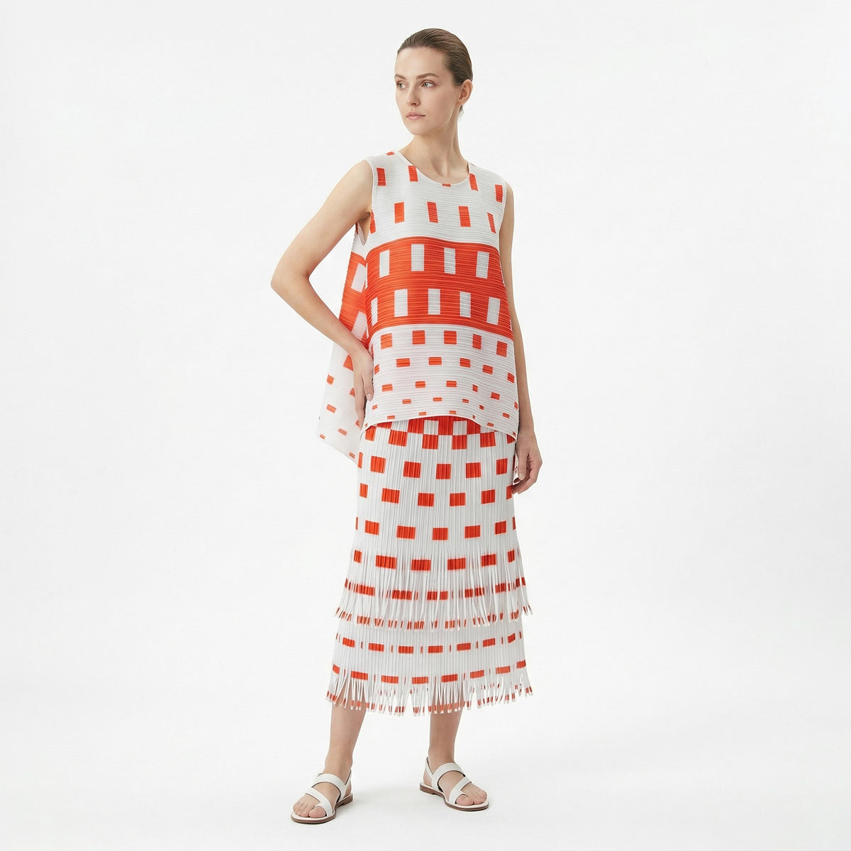Orange and White Top with Skirt and Fringes