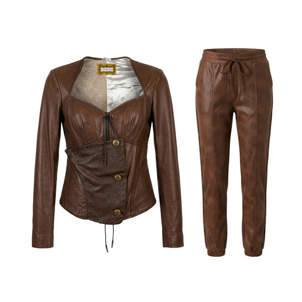 Brown Leather Jacket and Pants Madonna Set
