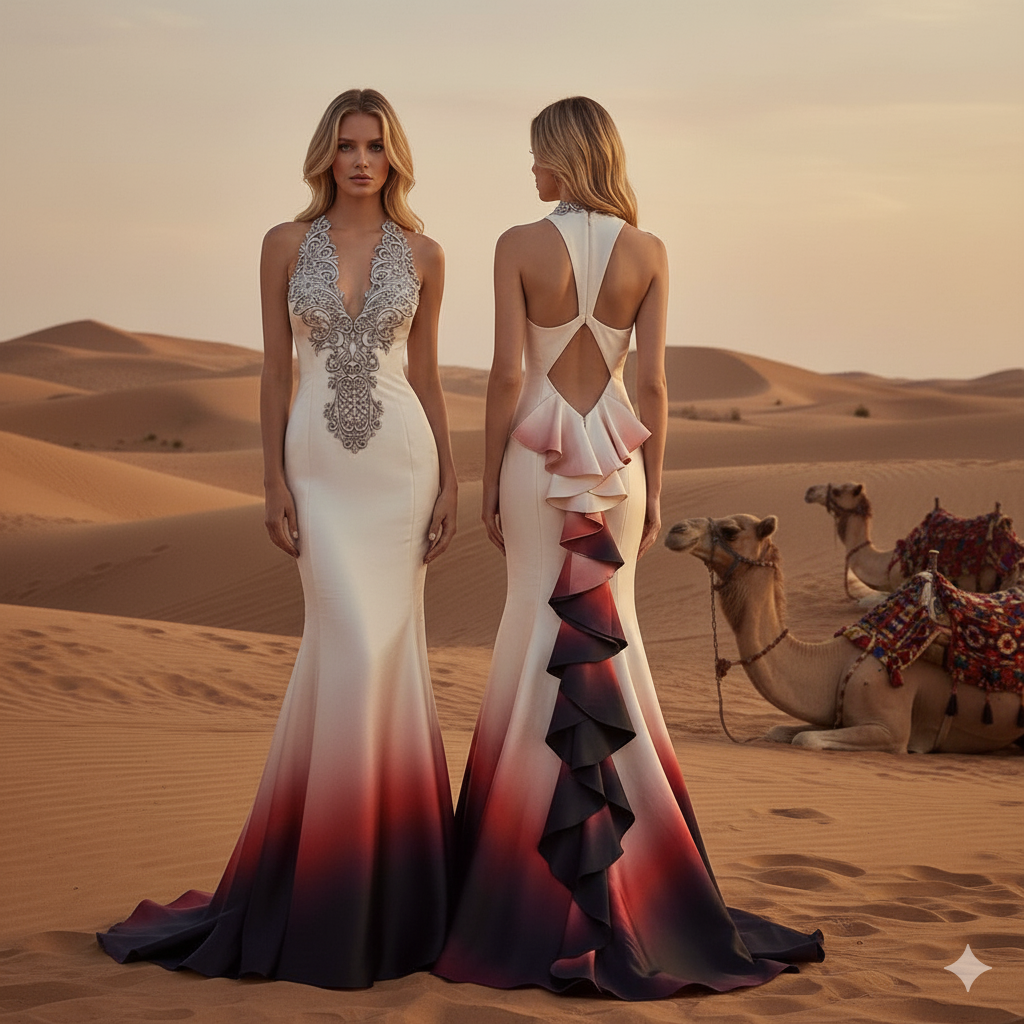 GENESE Long Gown Dress Embroidered with Crystals