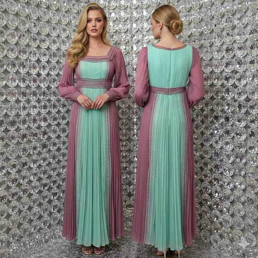 TRUE DECADENCE Light Blue and Pink Pleated Long Dress