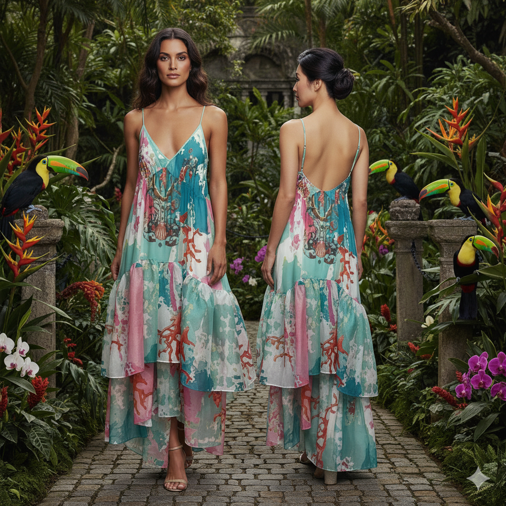 Marcella Acosta Pastel Colors Taffeta Silk Long Gown.