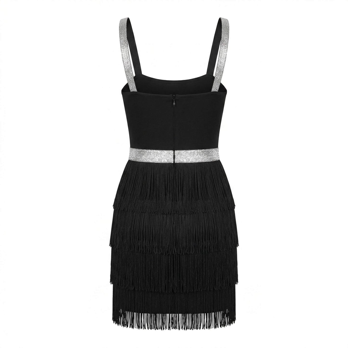 Black Bandage Fringes Mini Dress with Silver Straps