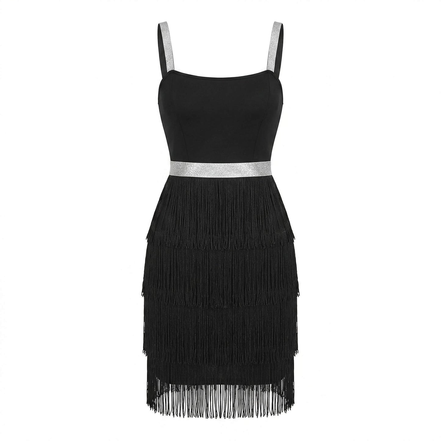 Black Bandage Fringes Mini Dress with Silver Straps